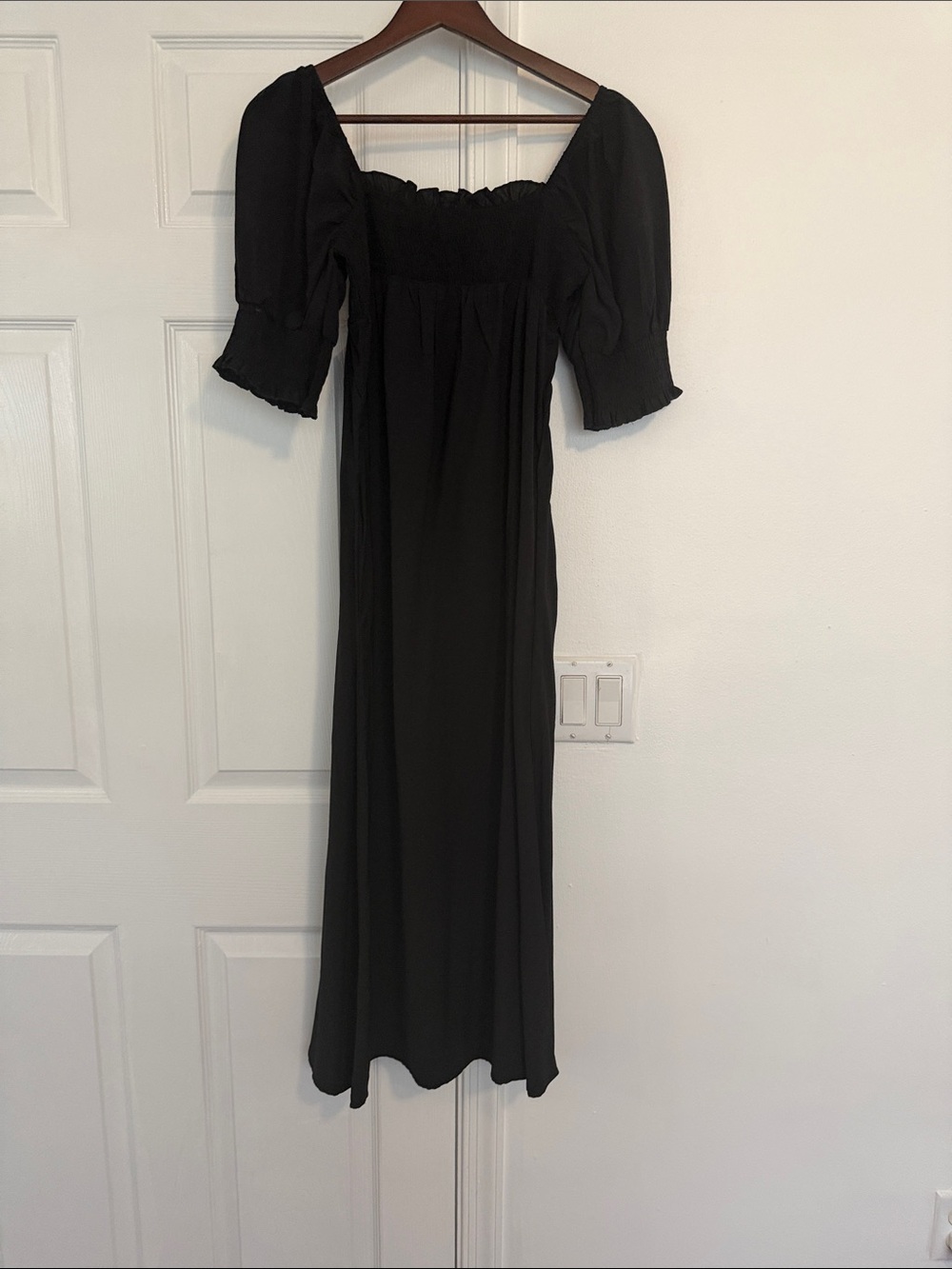 Black Puff-Sleeve Maxi Dress with Square Neckline